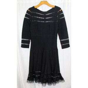Tadashi Shoji Womens Black 3/4 Sleeve Illusion Stripe Ruffle Hem Dress PXL